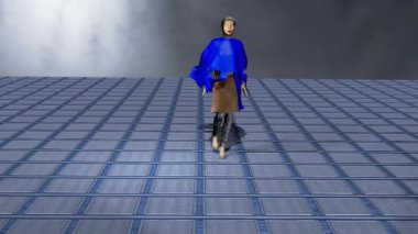 Modellerin mavi-kahverengi moda tasarımları giydiği bir defilenin 3 boyutlu simülasyonu..