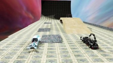 Two funny designed cars are driving through some fictional fantasy environment.