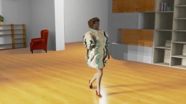 Simulation of a fashion-show in an apartment with blue-white short dress.