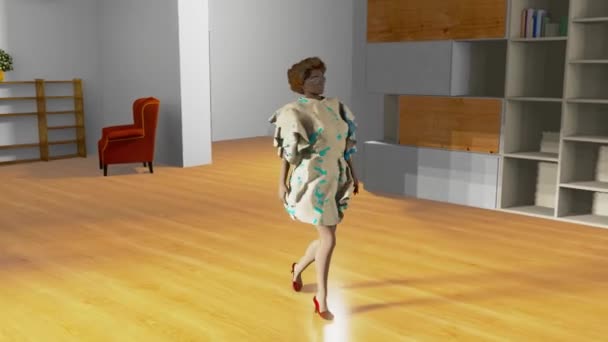 Simulación Desfile Moda Apartamento Con Vestido Corto Azul Blanco — Vídeo de stock