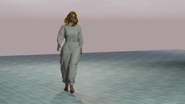 架空の二面モデルがカジュアルなドレスを身に着けているファッションショーのシミュレーション — ストック動画