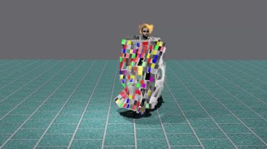 3d simulation of a fashion-show where model wears some interesting colorful creation.