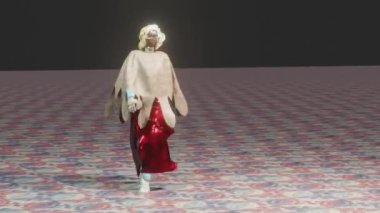 3d simulation of a fashion show where model wears some mantle and long red dress.