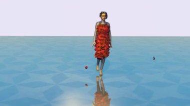 This red dress has some roses attached to it.