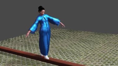 Some female in blue robe is walking on some long timber.