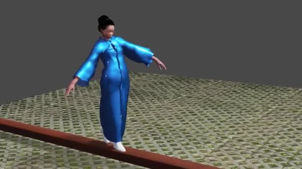 Una Mujer Vestida Azul Camina Sobre Una Larga Madera — Vídeos de Stock