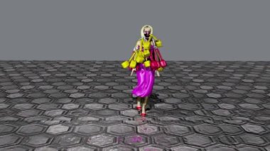 3d simulation of a fashion-show where model wears some dress with red and yellow cubes attached on.