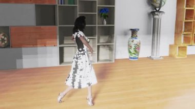 3d simulation of a fashion-show where model wears some nice black and white dress.