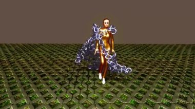 In this 3d fashion-show simulation some chains are attached on costume that model wears.