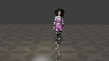 3d simulation of a fashion-show where hairy female model wears pink and white-black patterned fashion combination.