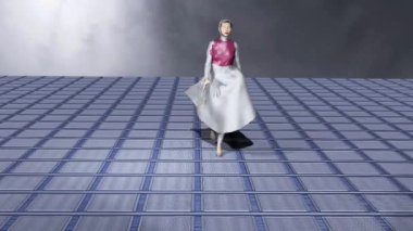 3d simulation of a fashion-show where model wears nice silver-pink dress.