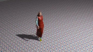 This fashion model with interesting and nice hairstyle is doing fashion walk in some fictional environment.  