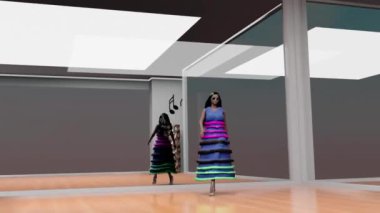 3d simulation of a fashion-show where model wears some blue dress made of hard yet flexible material.
