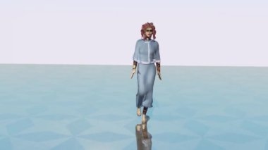 3d simulation of a fashion-show where fictional model wears some costume made of semi transparent material.