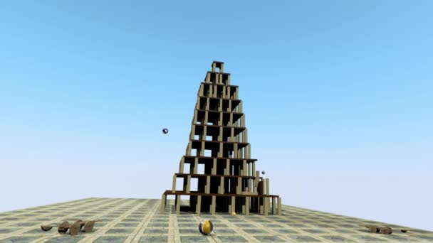 Another Wooden Construction Trying Destroyed Some Balls Catapulted Some Distance — Vídeo de stock
