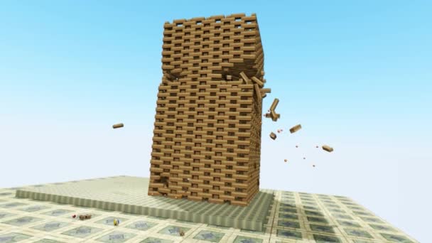 Some Wooden Tower Made Wooden Building Blocks Has Been Attacked — Stockvideo