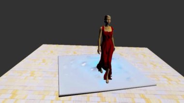 Sculpture that represent women in red evening dress is viewed from every angle.