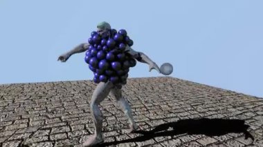 Walking man has some balloons attached while some sphere is moving around him.