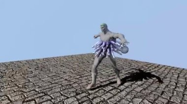 Man has attached some cones while some sphere is moving around him.