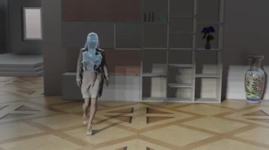 Water is flowing from hair of this fictional model in this 3d fashion-show simulation.