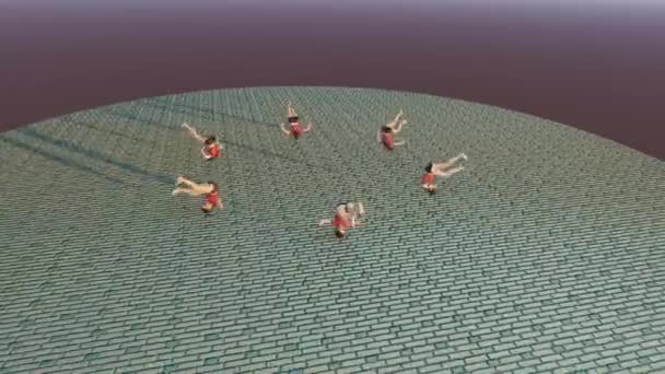 Six Ragdolls Fliping Forward Simultaneously Intention Meet Together One Point — 图库视频影像