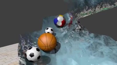 Several different sport balls are moving down the slide and landing at some air mattress where are some other spheres. Funny 3d physics simulation with lots of bouncing, elastic and other movements.