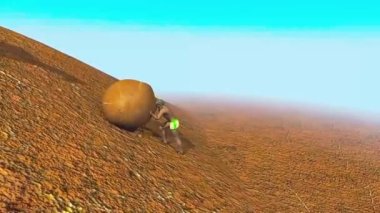 Funny 3d video animation with greek mythology theme. Syisyphus is moving some rock up but at the top of the mountain, rock slipps away from his hands and falls down.