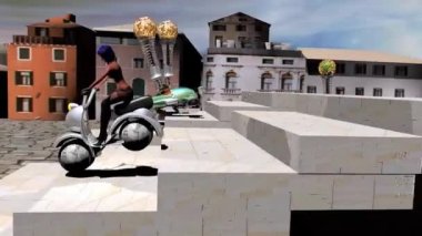 Female character is driving some funny motor scooter (vespa) in some fictional city. There are also some other vehicles moving around, possibly driven by some exotic propulsion system. 