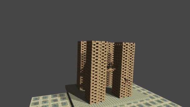 Fictional Wooden Skyscraper Trying Destroyed Some Spheres — Video Stock