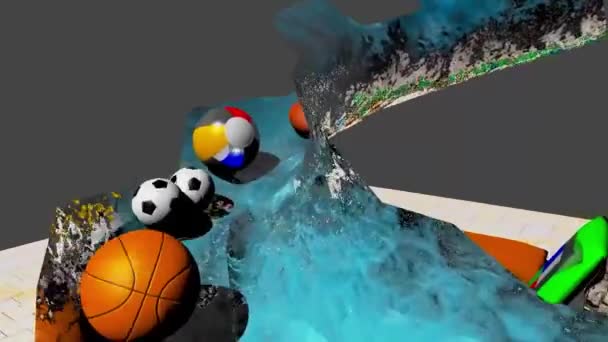 Several Different Sport Balls Moving Slide Landing Some Air Mattress — Stockvideo