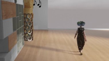 Big haired fictional model that wears nice long hairy dress is doing some fashion-walk in a fictional apartment.