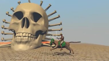 Male warrior is riding his warrior tiger and fighting some skeleton character coming out of giant skull. They both have some advanced weapons with lightning bolts lightning out of them.