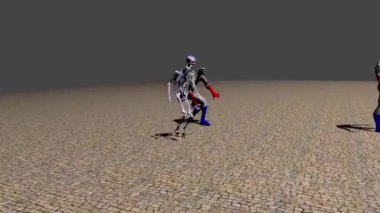 Chromed skeleton cyborg is running backward and then forward in some fictional environmnet. Two other male characters are also present.