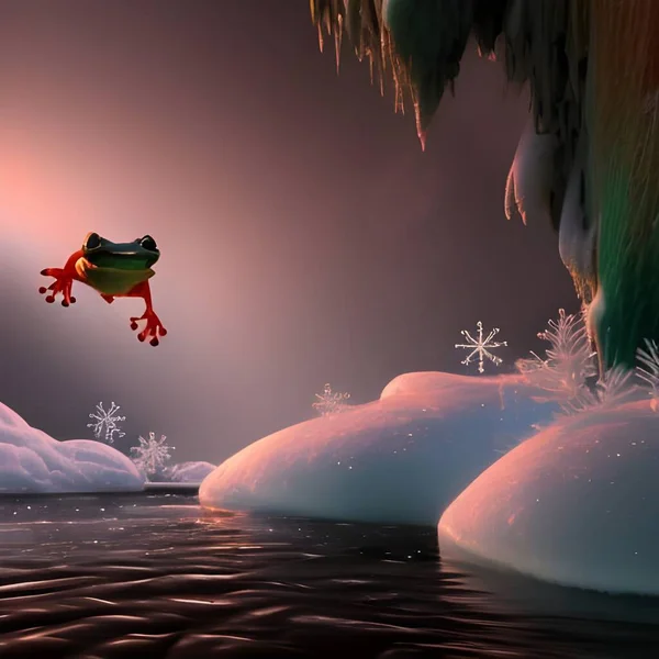 Frog jumping over a river in a frozen land.