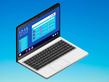 laptop computer with a smartphone and a blue background. 3d isometric image for website, web page and mobile