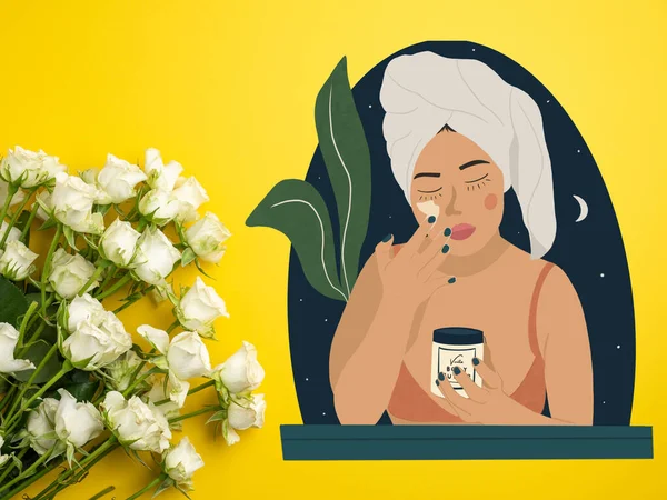 beauty salon. woman holding a bath with flowers and a flower. spa and treatment concept.