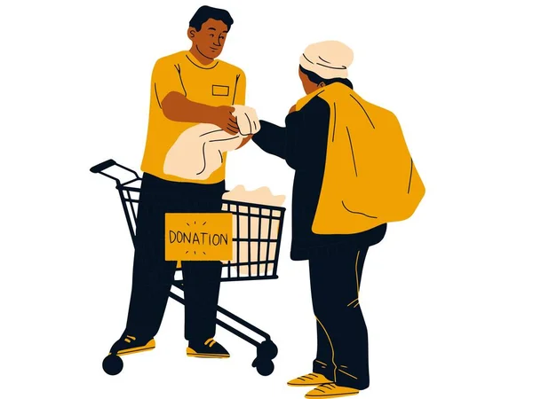 Kara Cuma konsepti, beyaz arka planda izole edilmiş düz vektör çizimi. Adam yiyecek dolu bir çanta tutuyor ve mal almak, almak ve almak için para veriyor. 