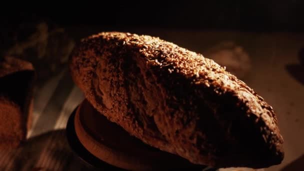 Fresh Sliced Black Rye Bread Tray Close Slices Healthy Black — Video