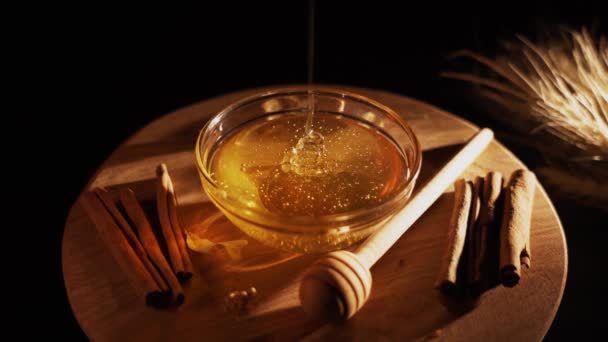 黒の背景に木製の蜂蜜ディップトップビューとプレート内の健康的な有機蜂蜜 甘い蜂蜜の健康的なデザートを閉じる — ストック動画