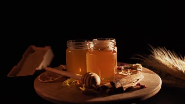 Healthy Organic Honey Plate Wooden Honey Dipper Top View Black — Video
