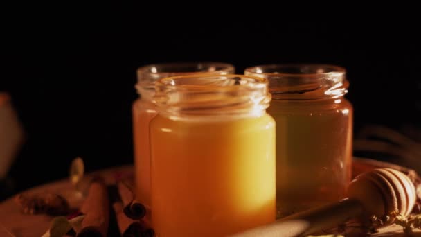 Healthy Organic Honey Plate Wooden Honey Dipper Top View Black — Stock Video