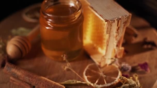 Healthy Organic Honey Plate Wooden Honey Dipper Top View Black — Vídeos de Stock
