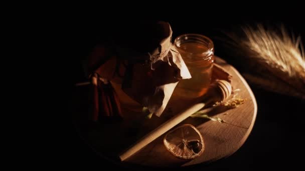 Healthy Organic Honey Plate Wooden Honey Dipper Top View Black — Video