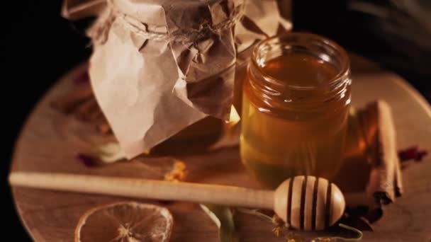 Healthy Organic Honey Plate Wooden Honey Dipper Top View Black — Stock videók