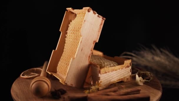 Healthy Organic Honey Plate Wooden Honey Dipper Top View Black — Wideo stockowe