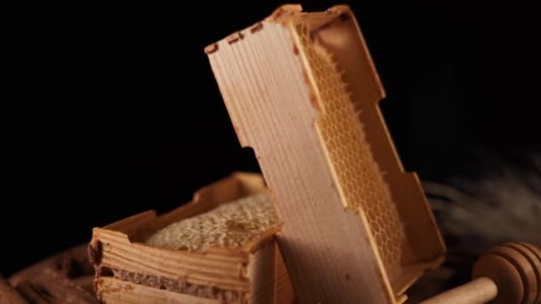 Healthy Organic Honey Plate Wooden Honey Dipper Top View Black — Vídeo de Stock