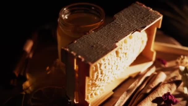 Healthy Organic Honey Plate Wooden Honey Dipper Top View Black — Stok Video