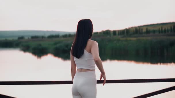 Young Woman Practicing Yoga Nature Sunset Active Meditation Relax Concept — Vídeo de Stock