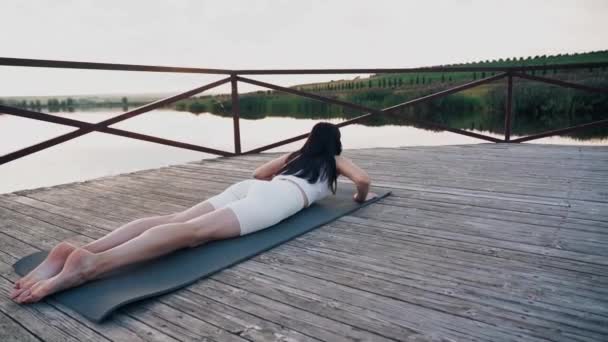 Young Woman Practicing Yoga Nature Sunset Active Meditation Relax Concept — 비디오