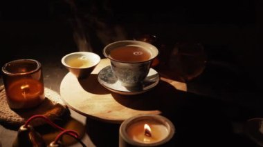 Brewing puerh tea. Traditional chinese tea ceremony. Tea pouring to teapot on a tea tray